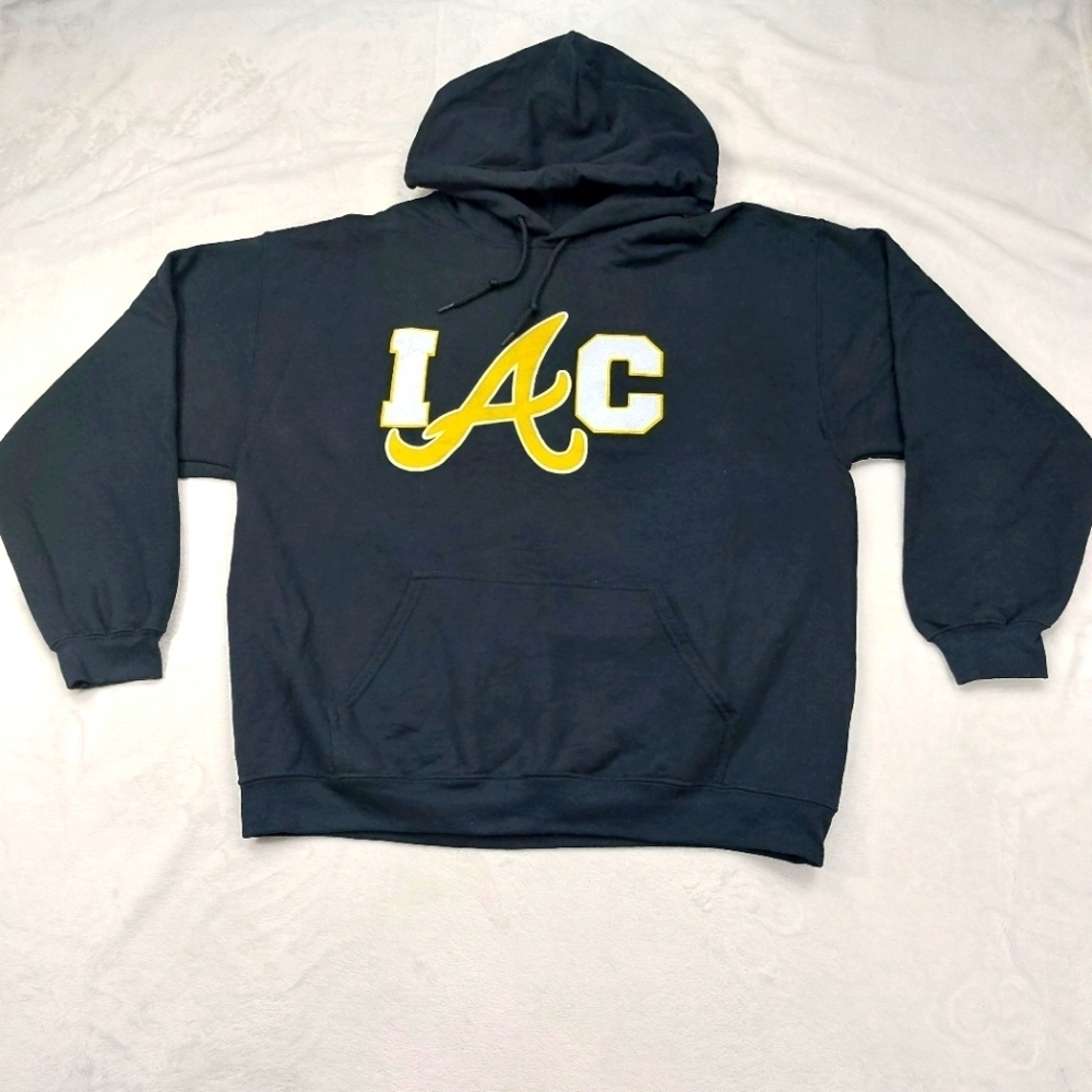GILDAN BLACK AND YELLOW AIC COTTON BLEND LONG SLEEVE PULLOVER HOODIE SIZE LARGE